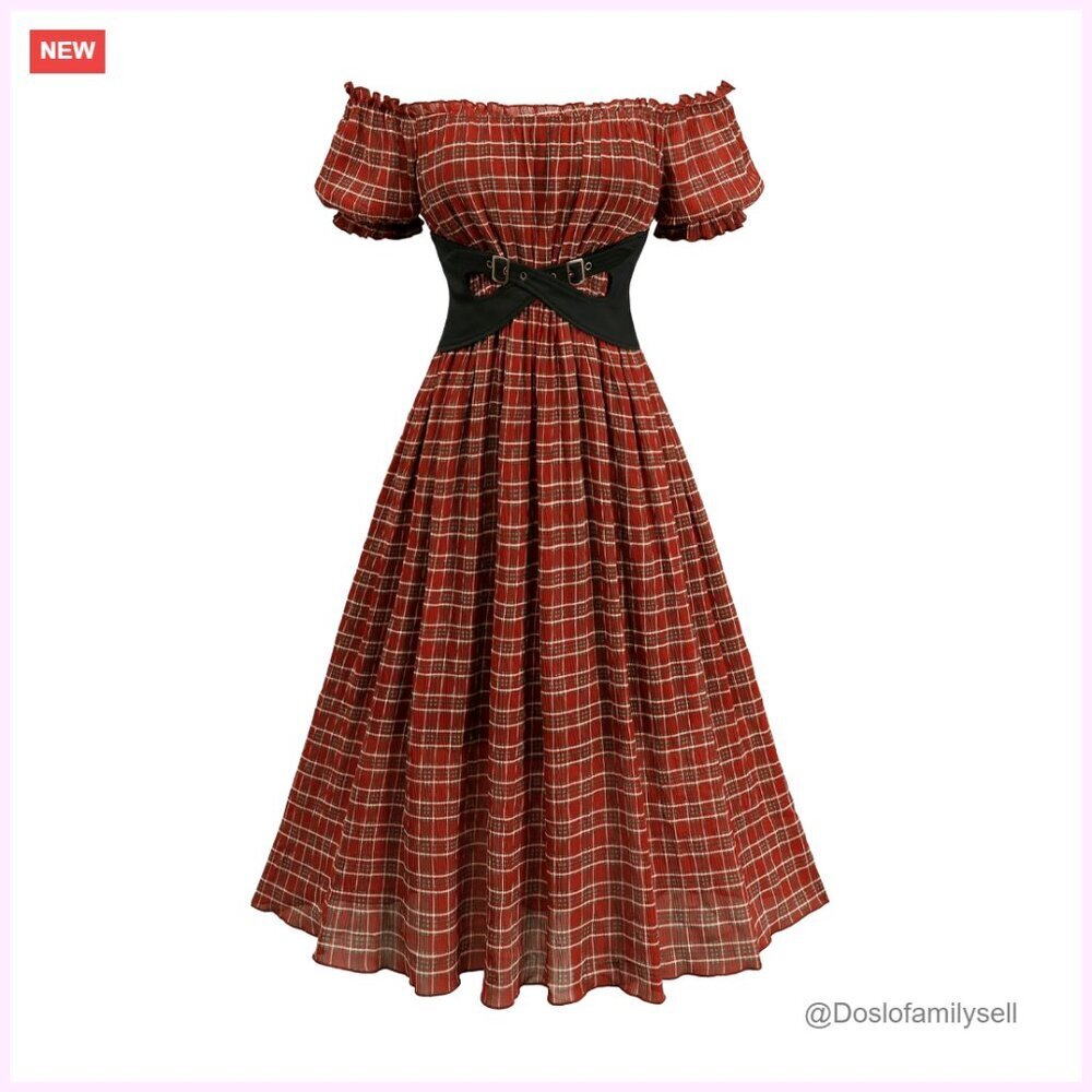 Plus Size Off Shoulder Midi Swing Dress with Belt Vintage Plaid Casual